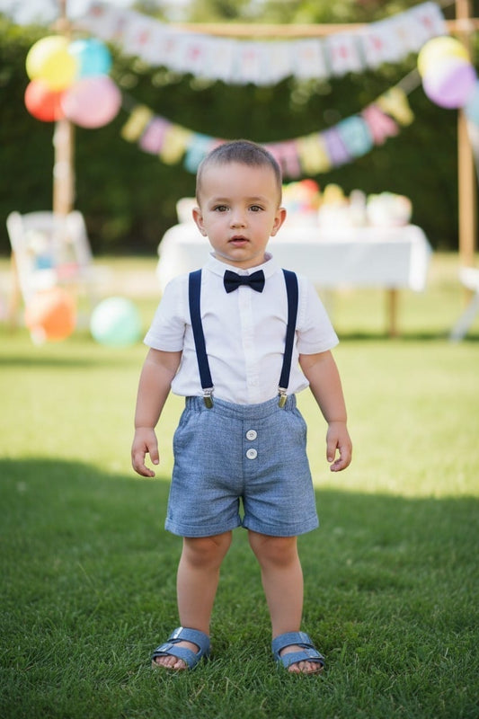 Letnji komplet za bebe denim plavi LK047- laneni šorc, kačket, košuljica, tregeri i leptir mašna