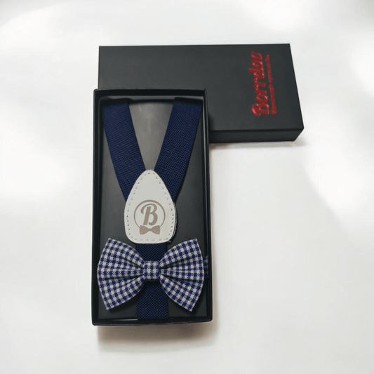 Modni detalji za bebe Set za decu tregeri i leptir mašna teget beli DT006