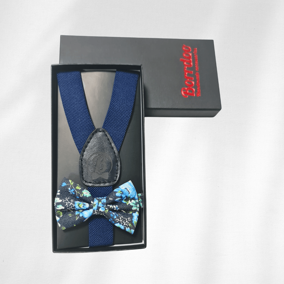 Modni detalji za bebe Set za decu tregeri i leptir mašna teget cvetni DT009