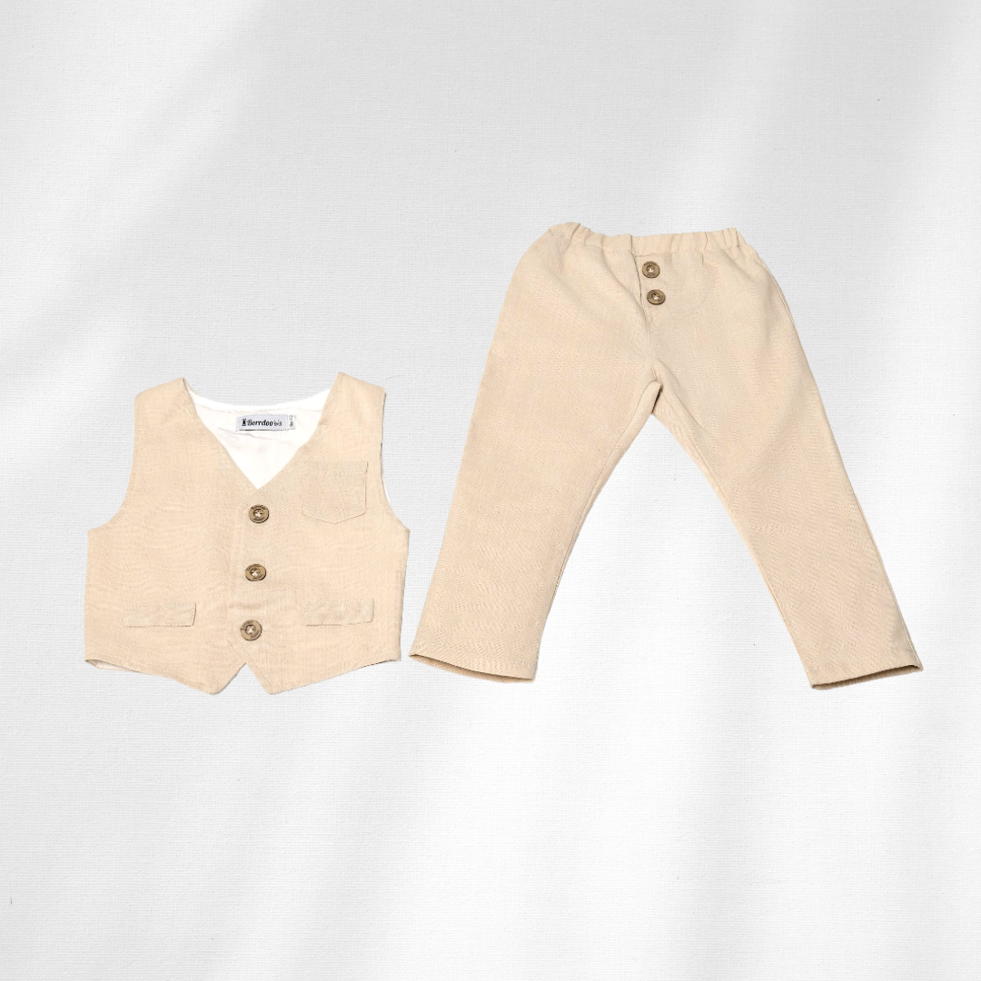 Komplet prsluk i lanene pantalonice za bebe bež LK0017