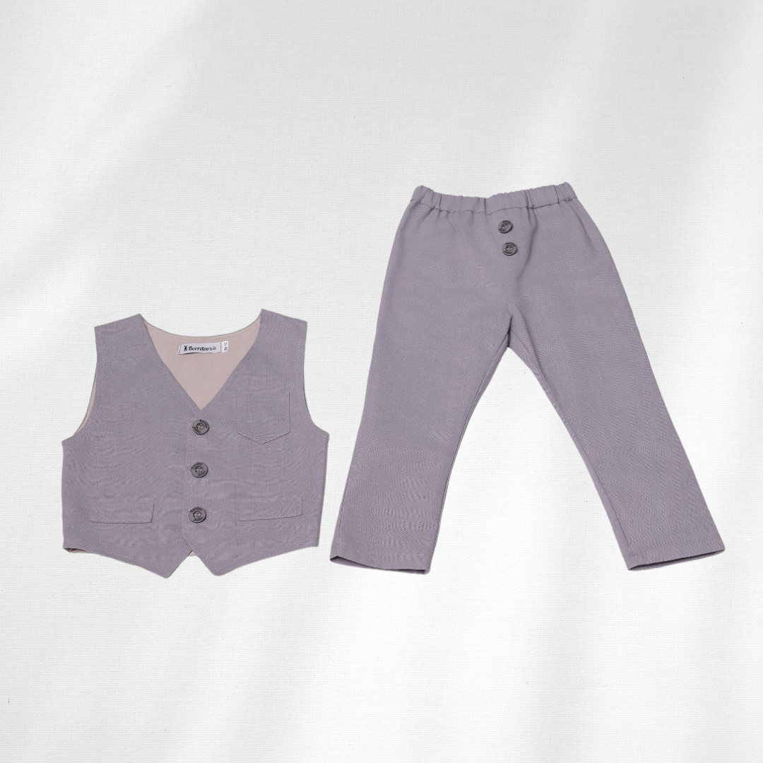 Komplet prsluk i lanene pantalonice za bebe sivi LK0018