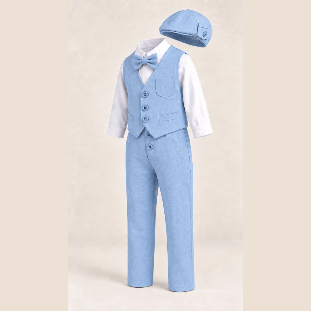 Komplet odelo za bebe svetlo plavo LO052-pantalone prsluk košulja mašna kačket