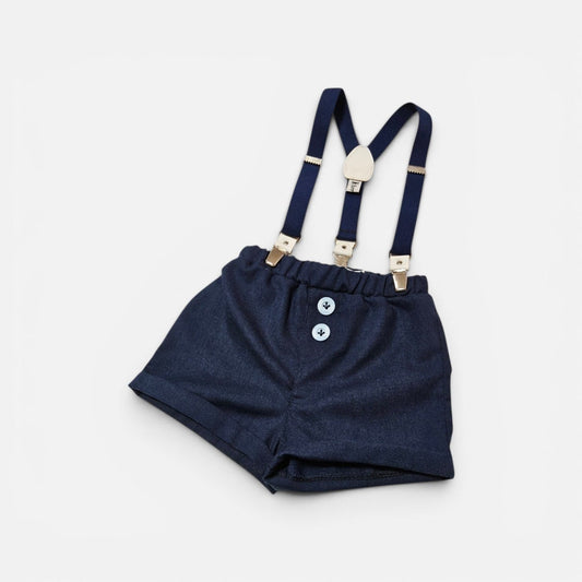 Komplet / Set Šorts laneni sa tregerima za bebe teget LK039