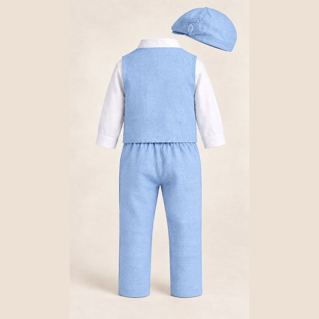 Komplet odelo za bebe svetlo plavo LO052-pantalone prsluk košulja mašna kačket