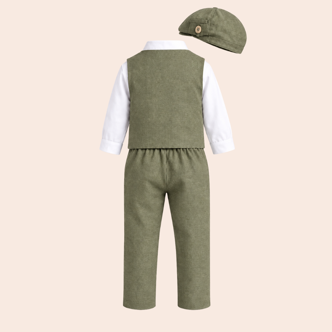 Komplet odelo za bebe maslinasti LO059-pantalone prsluk košulja mašna kačket