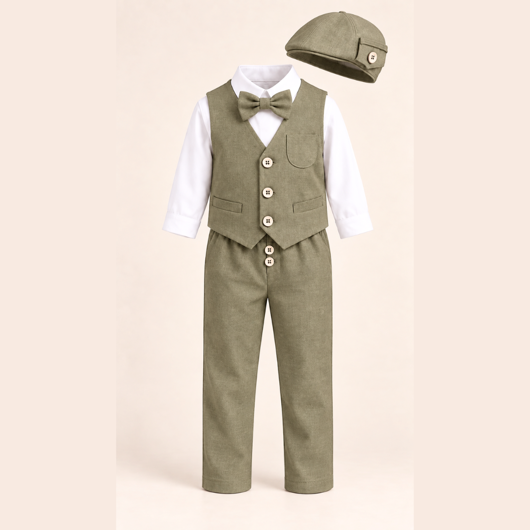 Komplet odelo za bebe maslinasti LO059-pantalone prsluk košulja mašna kačket