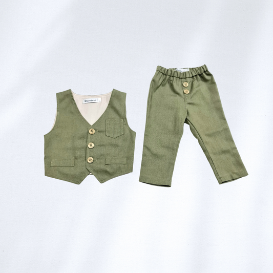 Komplet prsluk i lanene pantalonice za bebe maslinasti LK0016