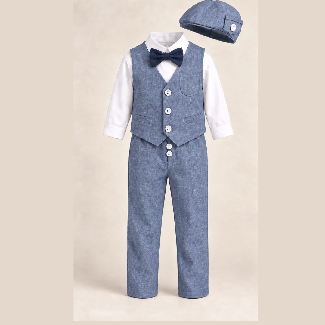 Komplet odelo za bebe denim plavo LO053-pantalone prsluk košulja mašna kačket