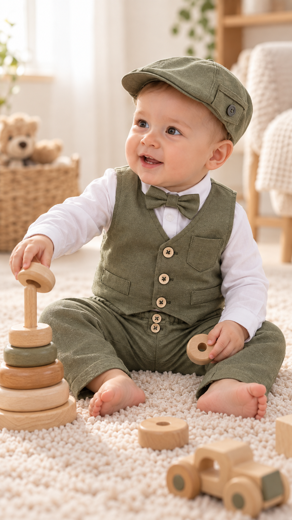 Komplet odelo za bebe maslinasti LO059-pantalone prsluk košulja mašna kačket
