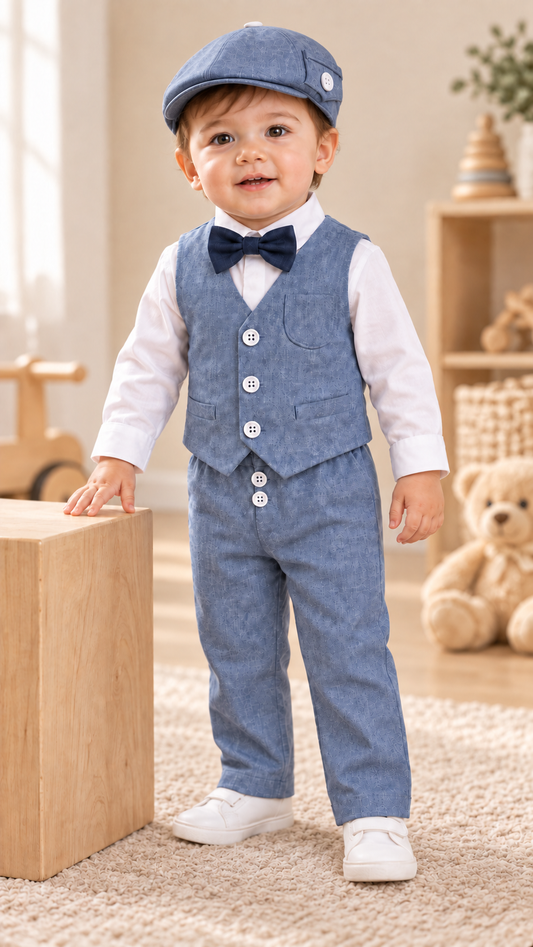 Komplet odelo za bebe denim plavo LO053-pantalone prsluk košulja mašna kačket