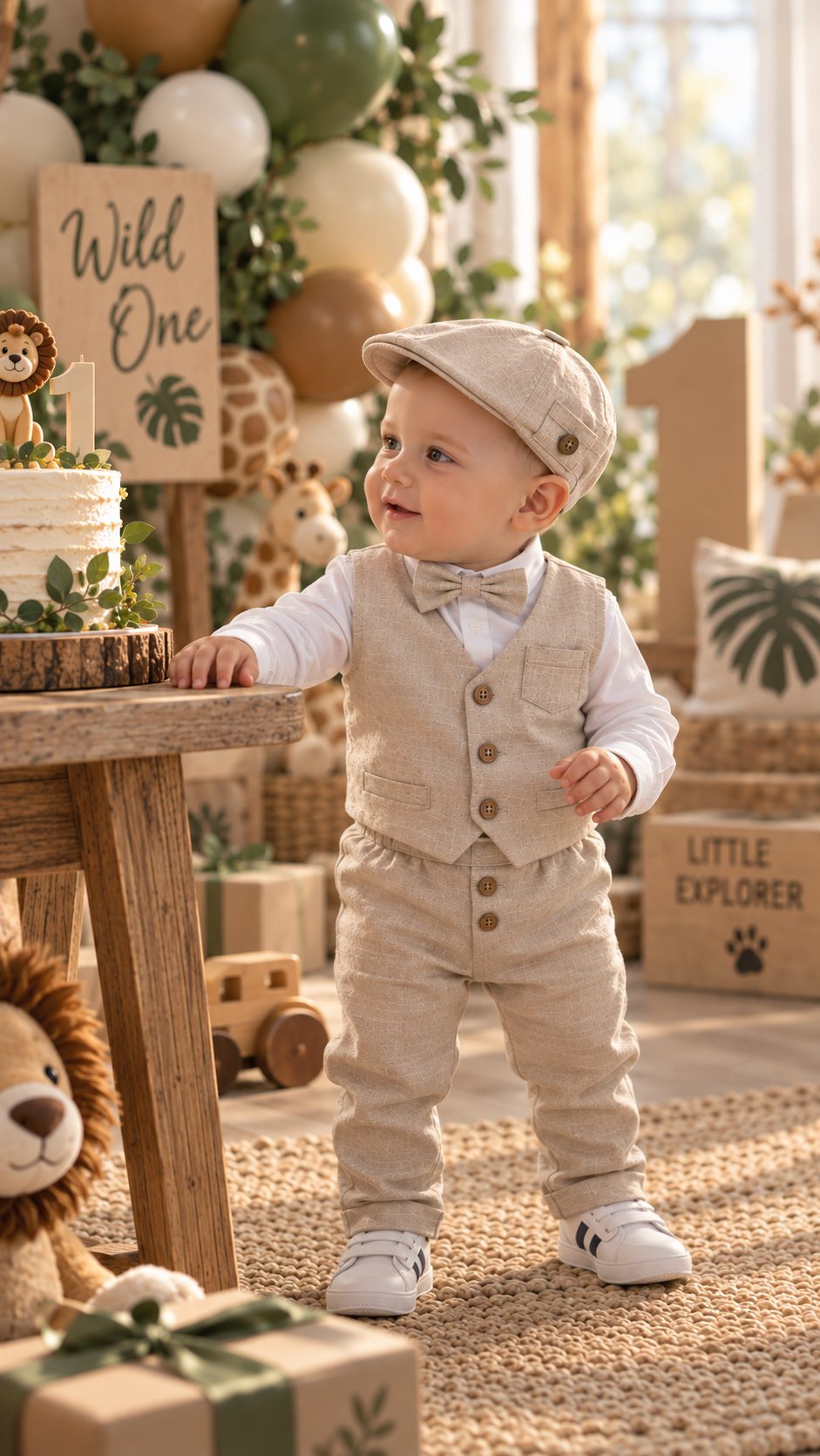 Komplet odelo za bebe bež LO054-pantalone prsluk košulja mašna kačket