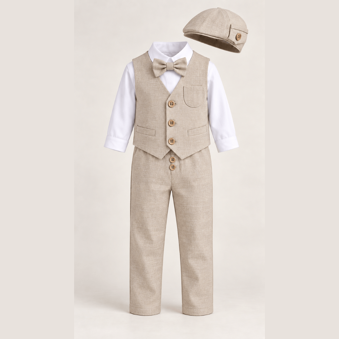 Komplet odelo za bebe bež LO054-pantalone prsluk košulja mašna kačket