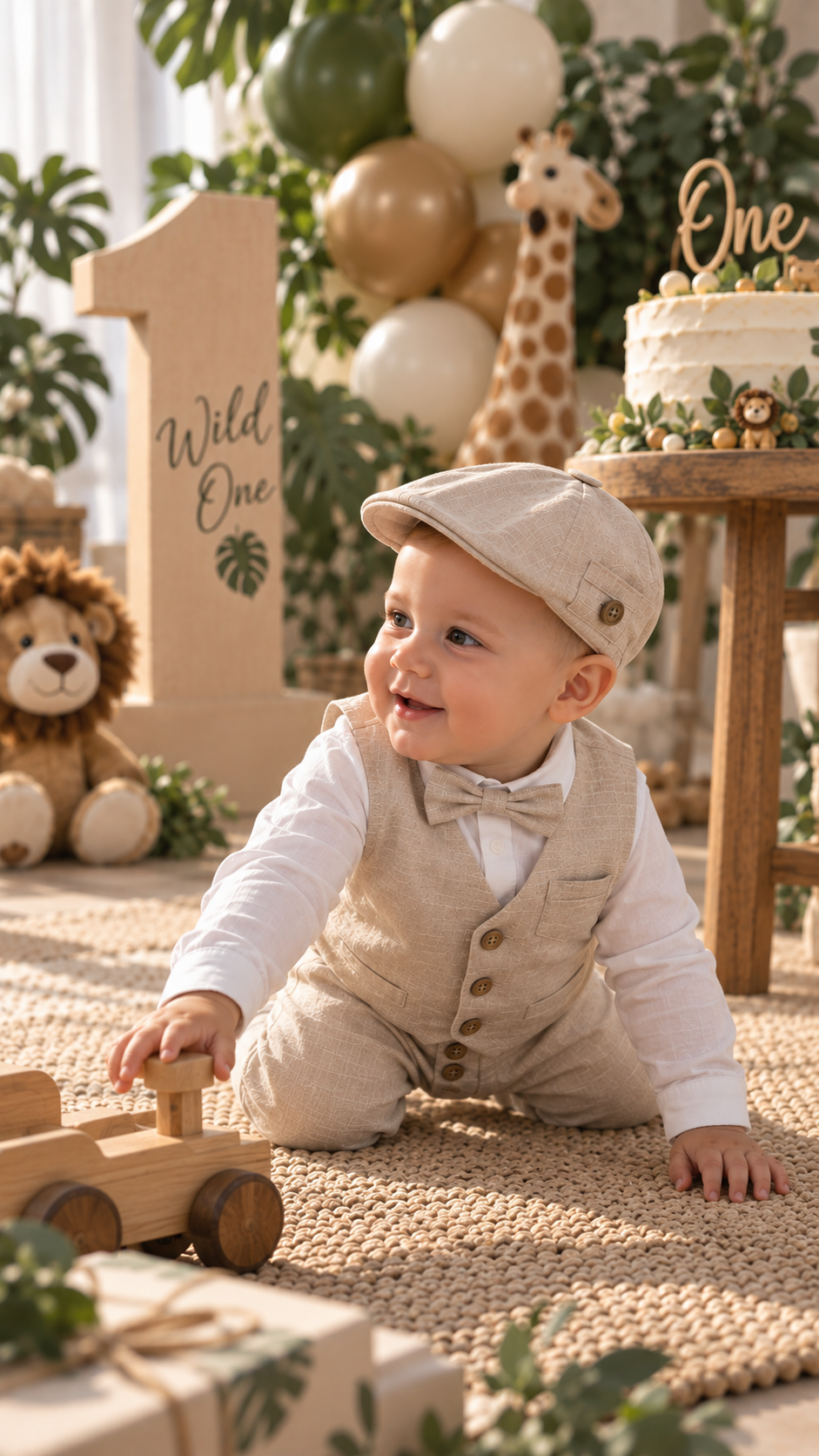Komplet odelo za bebe bež LO054-pantalone prsluk košulja mašna kačket