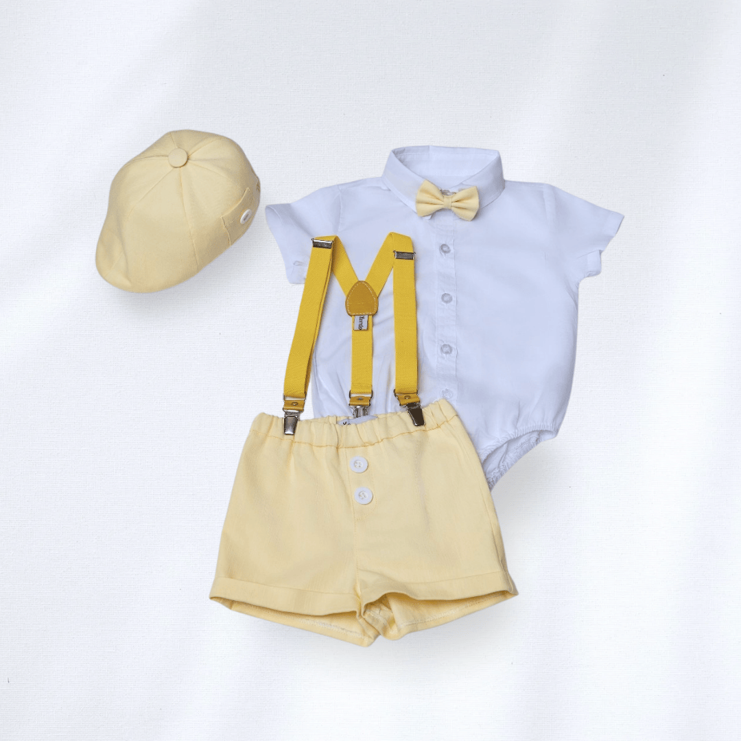 Komplet / Set Letnji komplet za bebe žuti LK002– laneni šorc, kačket, košuljica, tregeri i leptir mašna