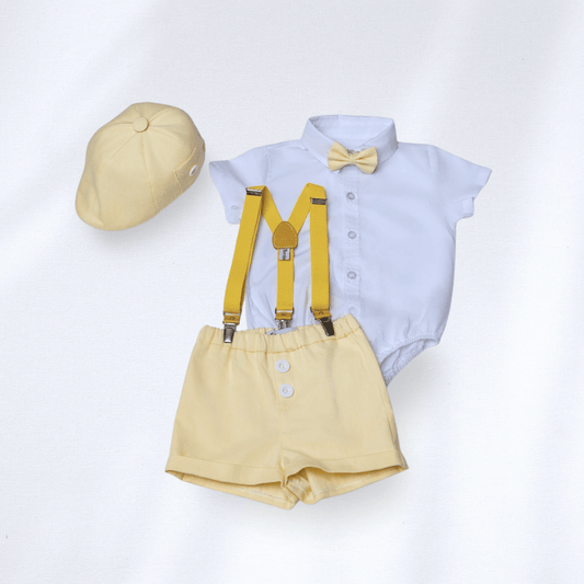 Komplet / Set Letnji komplet za bebe žuti LK002– laneni šorc, kačket, košuljica, tregeri i leptir mašna