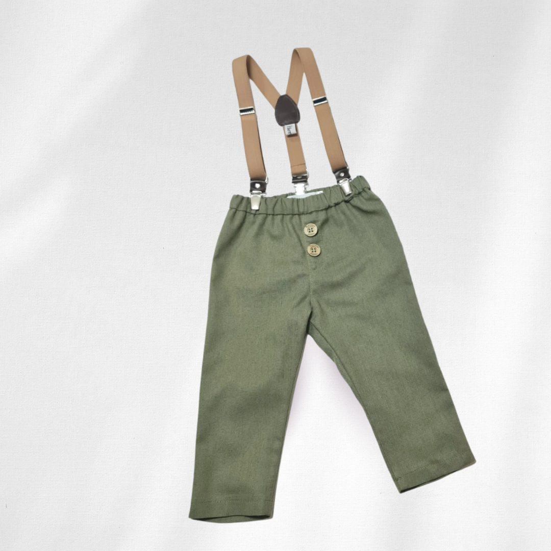 Pantalonice lanene sa tregerima za bebe maslinaste LK012