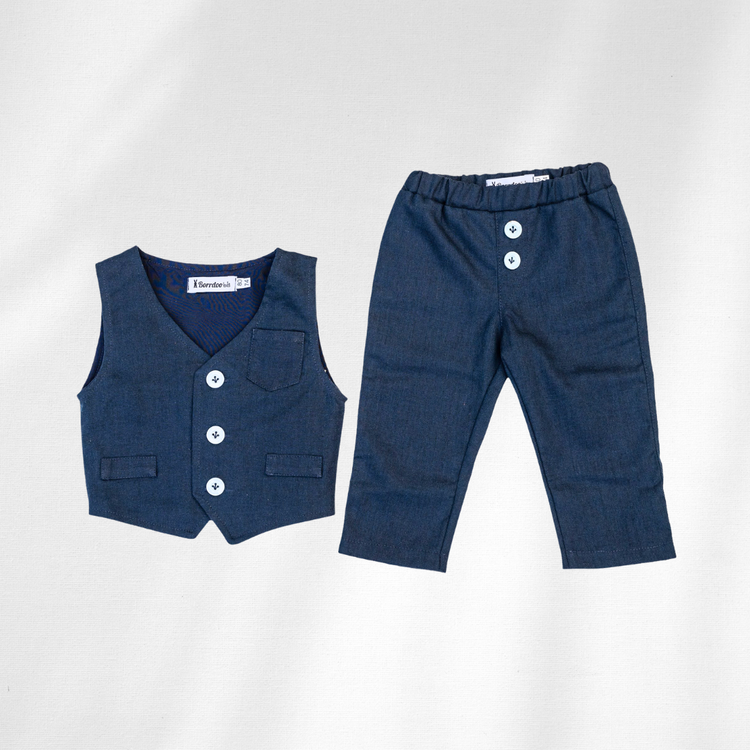 Komplet prsluk i lanene pantalonice za bebe teget LK0019