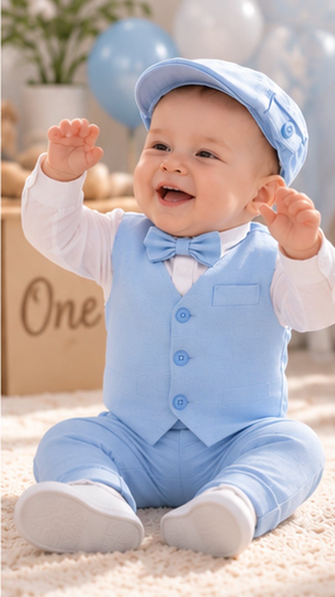Komplet odelo za bebe svetlo plavo LO052-pantalone prsluk košulja mašna kačket