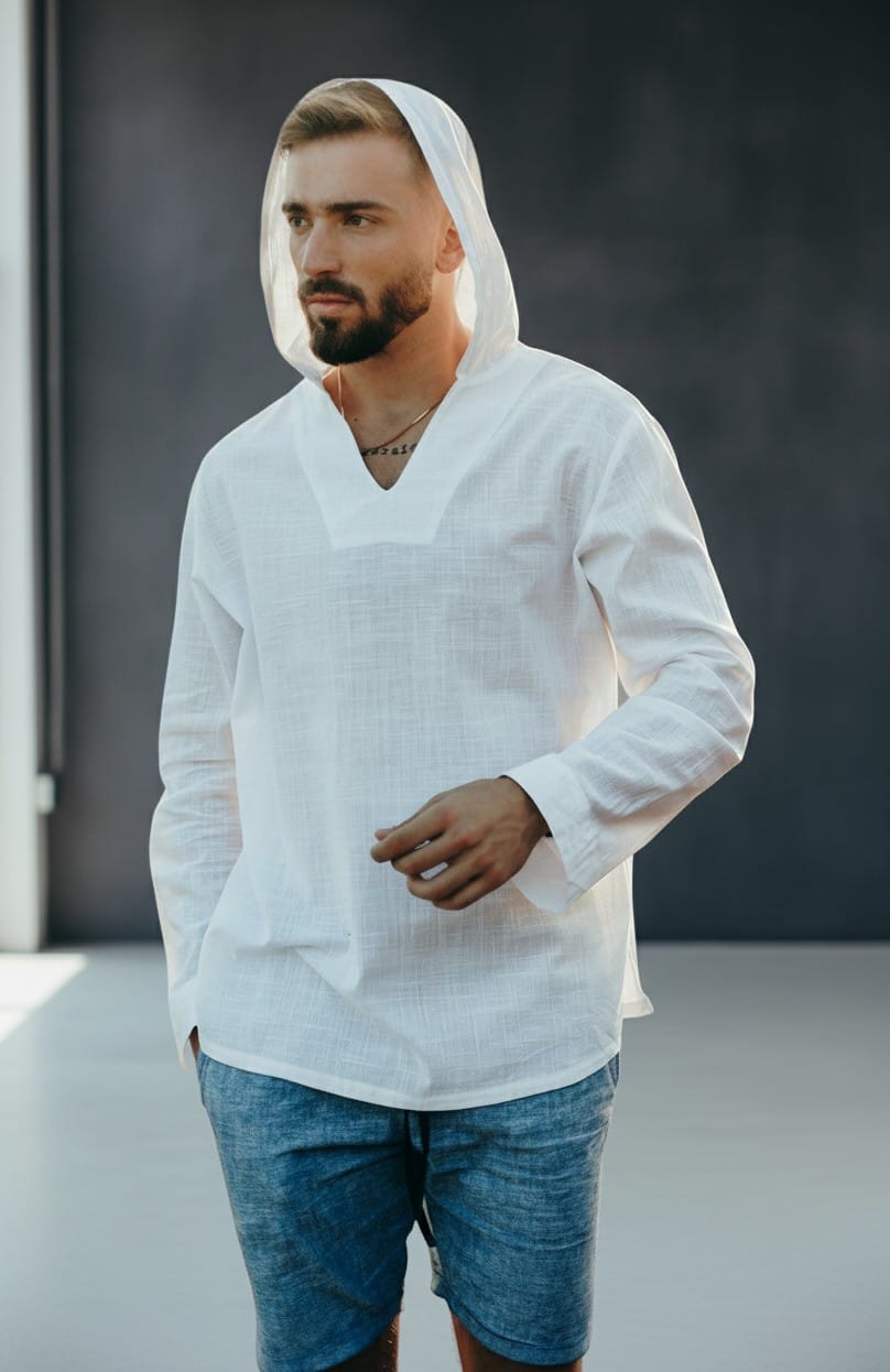 Komplet / Set Letnji komplet pamuk košulja sa kapuljačom i bermude-bela/denim plavi –BM K0011