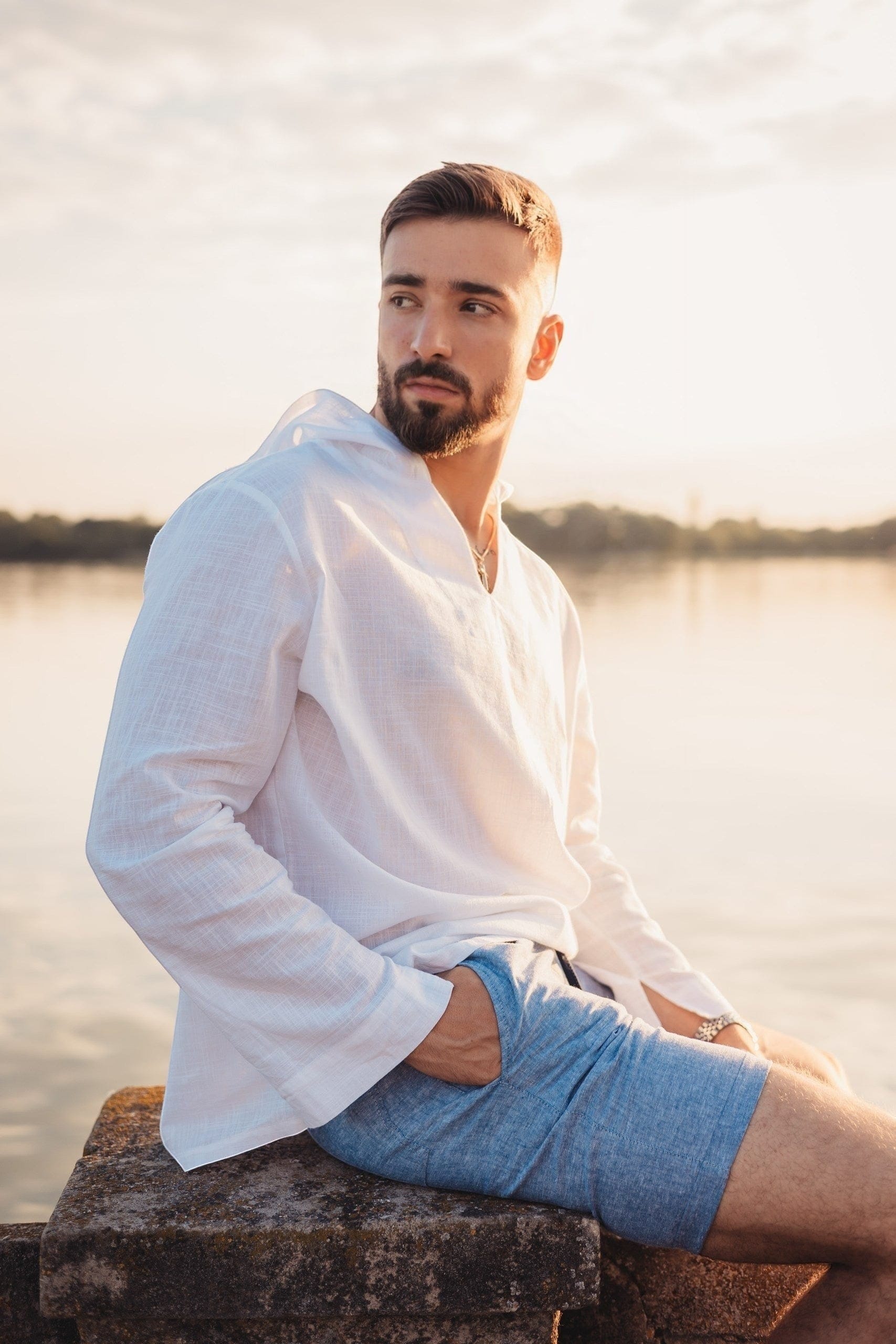 Komplet / Set Letnji komplet pamuk košulja sa kapuljačom i bermude-bela/denim plavi –BM K0011