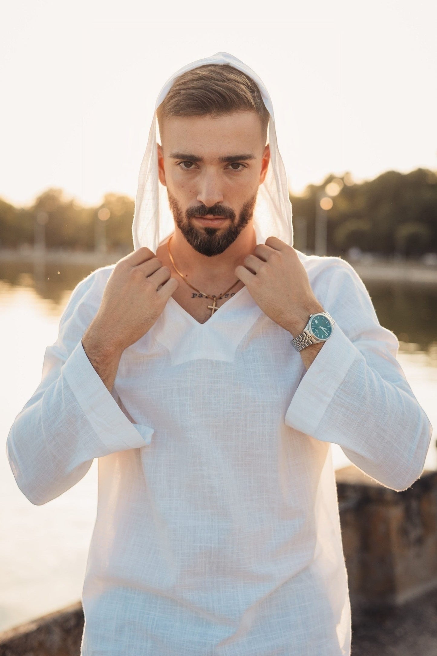 Komplet / Set Letnji komplet pamuk košulja sa kapuljačom i bermude-bela/denim plavi –BM K0011