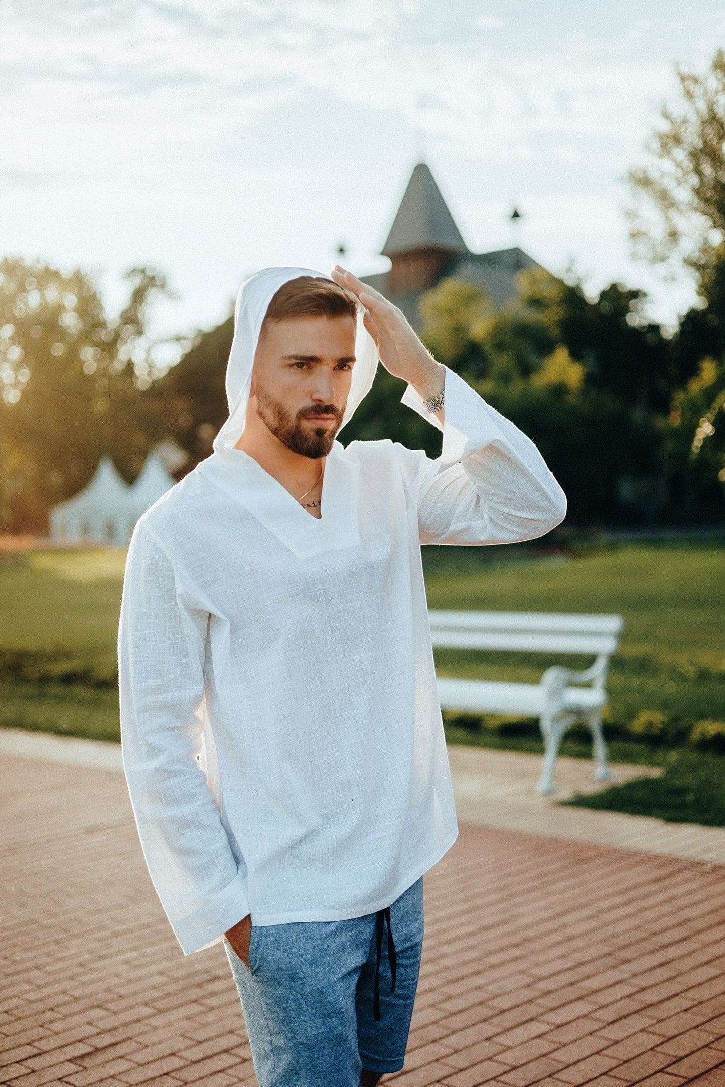 Komplet / Set Letnji komplet pamuk košulja sa kapuljačom i bermude-bela/denim plavi –BM K0011