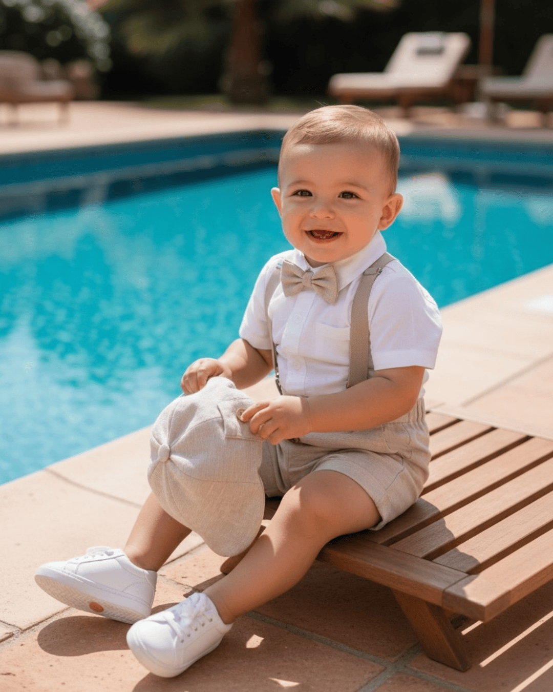 Komplet / Set Letnji komplet za bebe bež melanž LK042– laneni šorc, kačket, košuljica, tregeri i leptir mašna