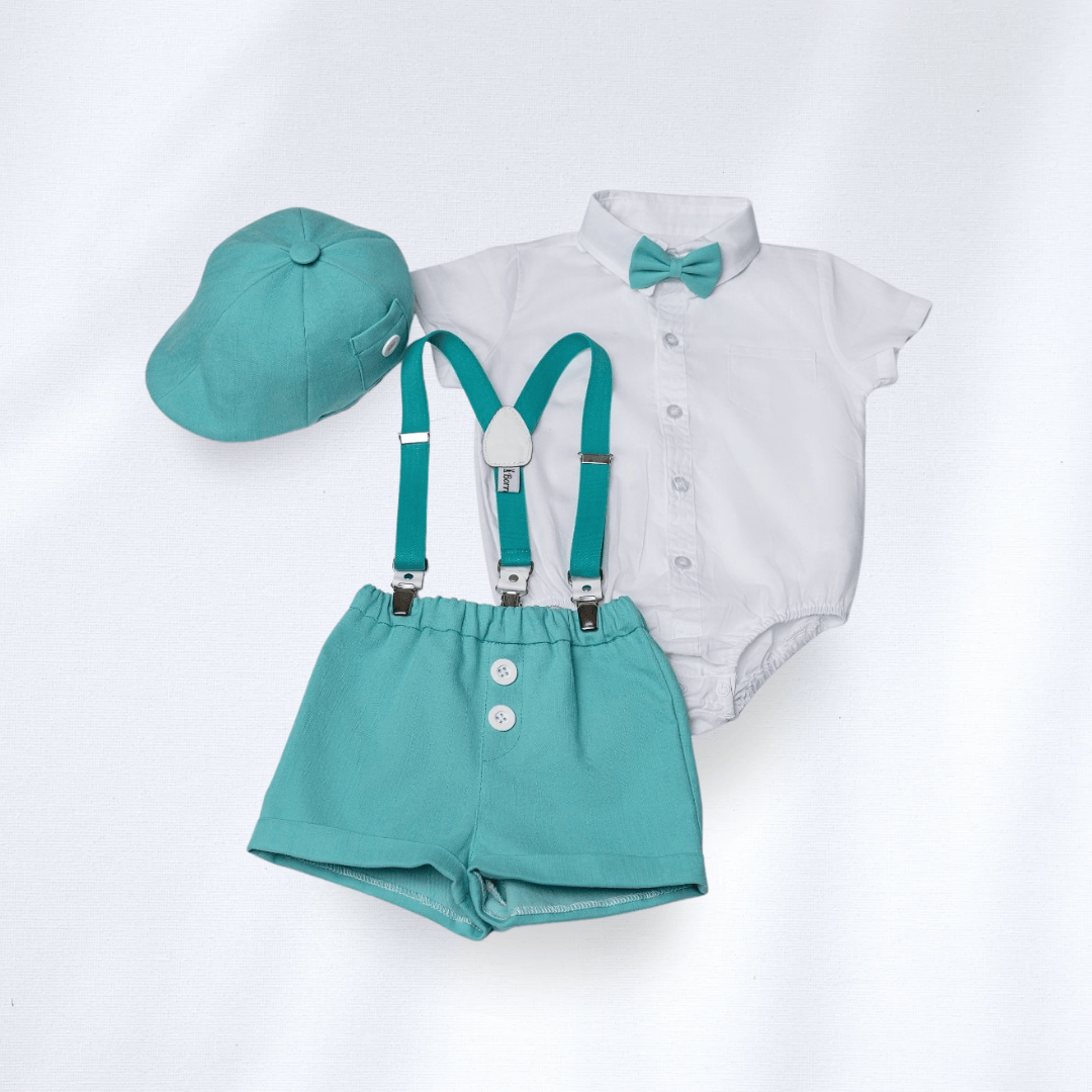 Komplet / Set Letnji komplet za bebe tirkiz LK003– laneni šorc, kačket, košuljica, tregeri i leptir mašna