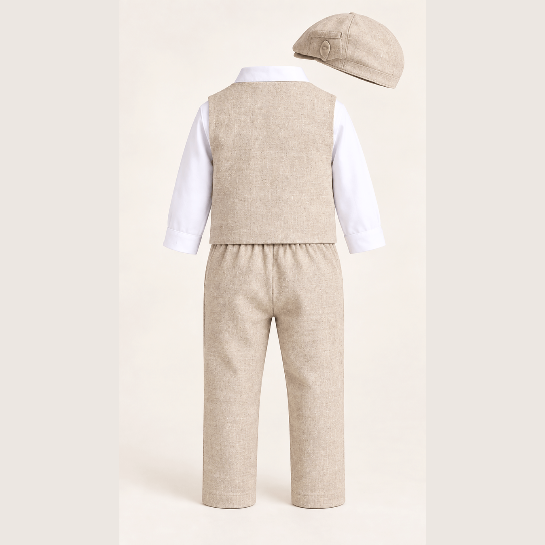 Komplet odelo za bebe bež LO054-pantalone prsluk košulja mašna kačket